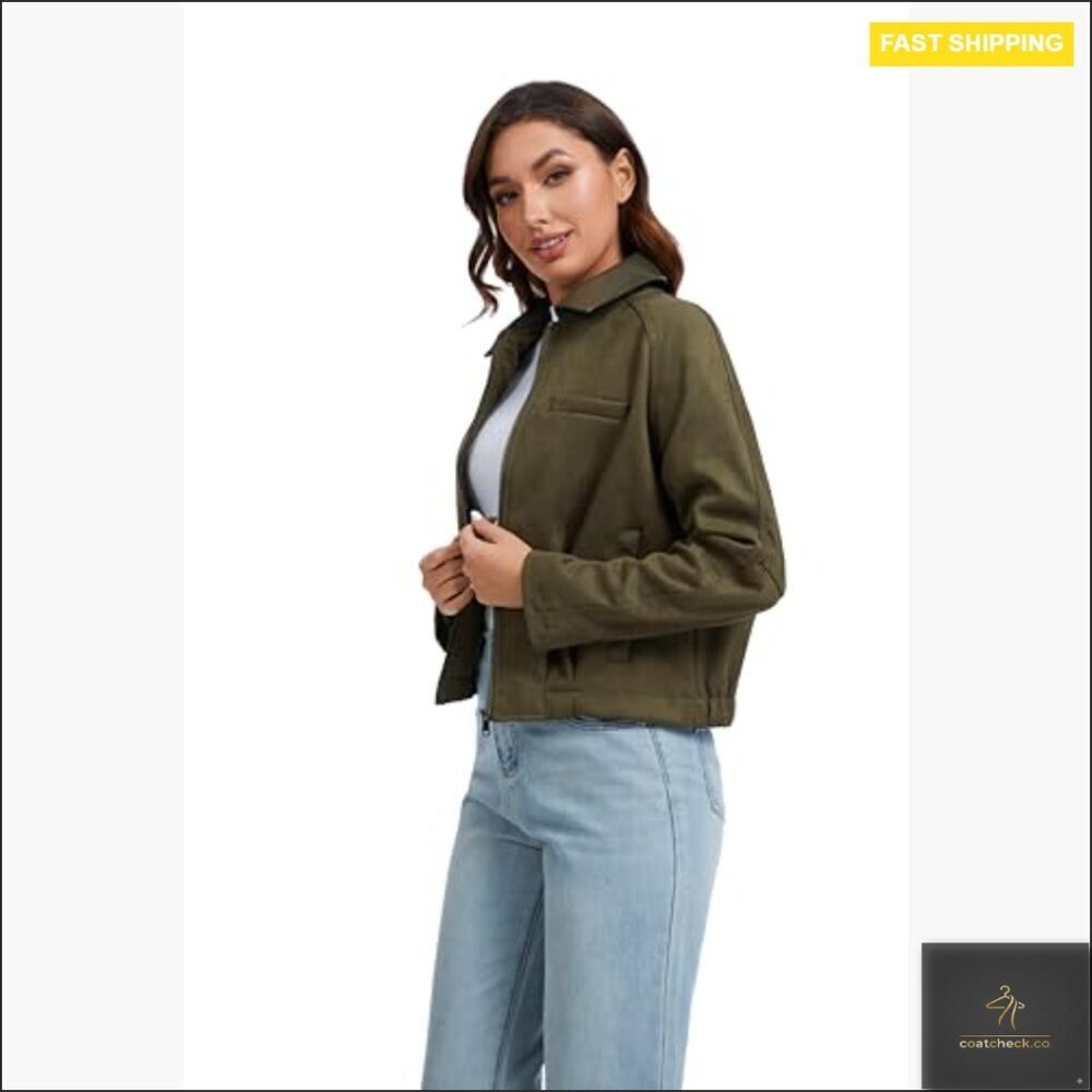 Faux Suede Cropped Bomber Jacket with Contrast Collar Zip Up Casual - Picture 2 of 7